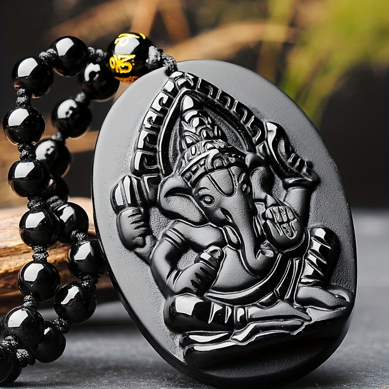 Men's & Women's Black Obsidian Ganesh Pendant Necklace